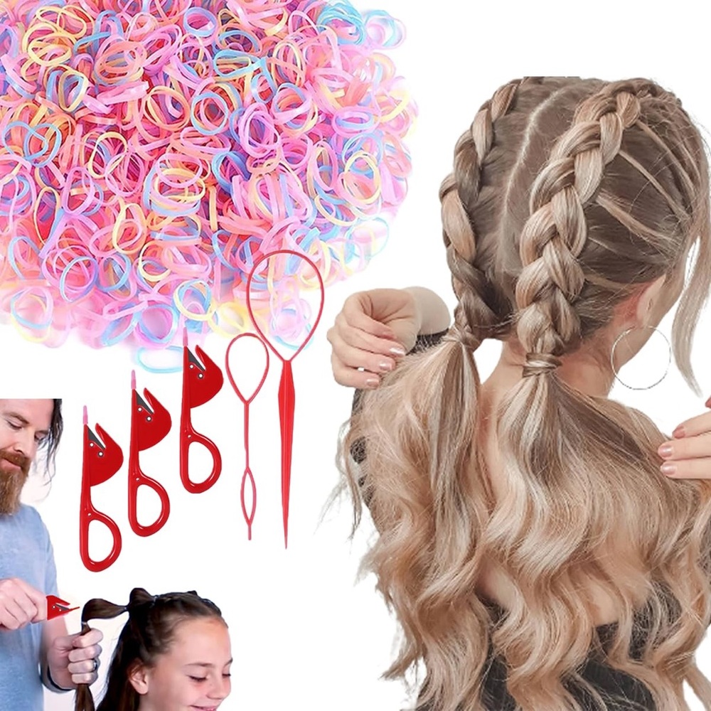 2 Topsy Tail Hair Tools & 3 Red Cutters & 500 Colored Hair Elastics, Zero Damage